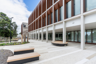 Close side view of new building at Kangan Institute, Building has name Health and Community Centre of Excellence