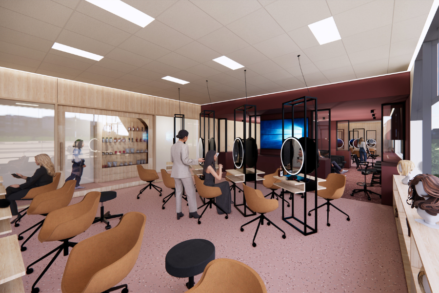 The Sunbury campus' rendering of the hair salon teaching space. Interior view of a modern hair salon teaching space featuring multiple styling stations with large mirrors and circular lighting. Rendered people are seen receiving and providing hair services. The setting includes comfortable chairs, a waiting area, and stylish decor.