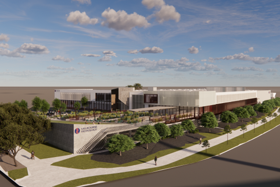 A promotional image announces the opening of a major pathology and research hub in Docklands. Text highlights that Melbourne Pathology's new Centre of Excellence is expected to create 250 new jobs. The image features a digital rendering of the building, set against a partly cloudy sky. Includes Victorian Government logo.