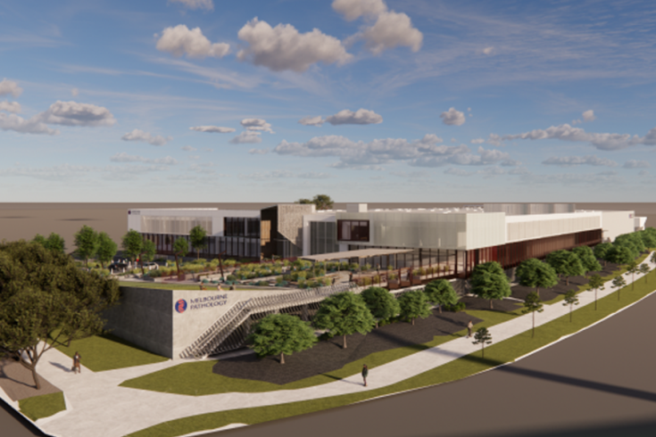 A promotional image announces the opening of a major pathology and research hub in Docklands. Text highlights that Melbourne Pathology's new Centre of Excellence is expected to create 250 new jobs. The image features a digital rendering of the building, set against a partly cloudy sky. Includes Victorian Government logo.