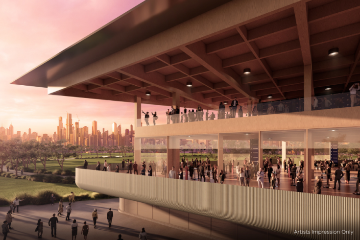 Artist's impression of a modern multi-level outdoor event space with a crowd gathering to enjoy a sunset, with a city skyline in the background.
