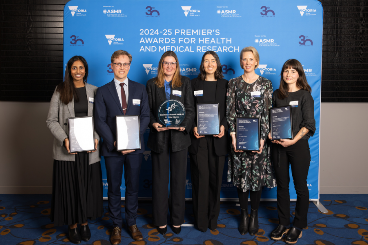 Group of individuals standing with awards at the 2024-25 Premier's Awards for Health and Medical Research event.
