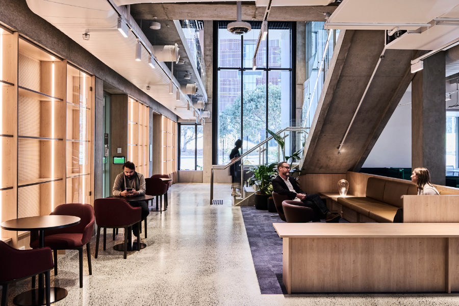 A double-height foyer area with seating in the new Monash Velos Accelerator building