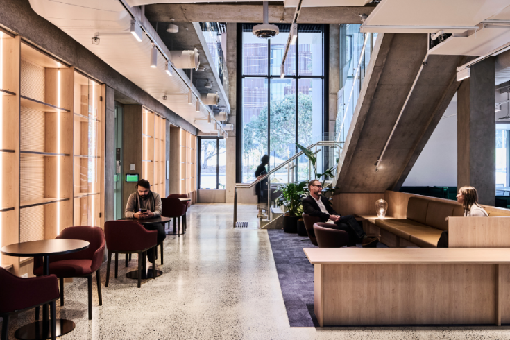 A double-height foyer area with seating in the new Monash Velos Accelerator building