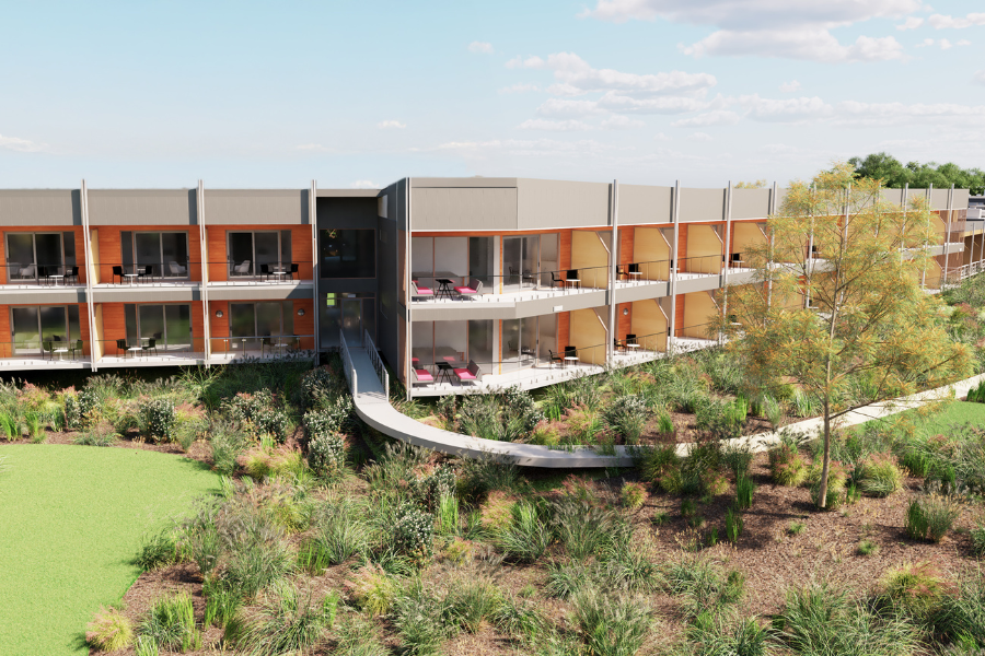 Rendering of the new RACV Inverloch Resort. Birds eye view looking south.