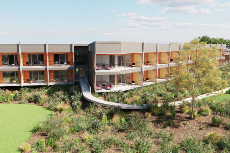 Rendering of the new RACV Inverloch Resort. Birds eye view looking south.