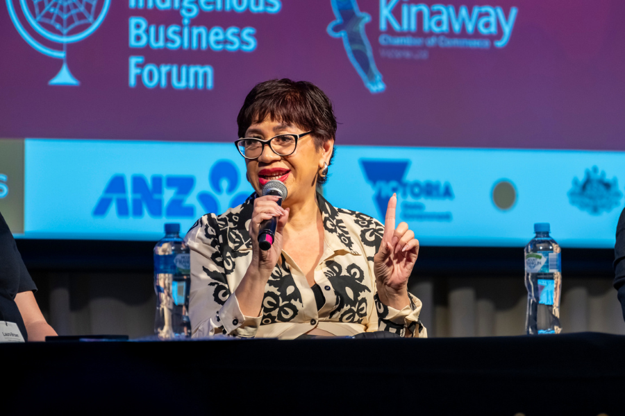 Indigenous representative talking at the 2025 World Business Forum in Naarm.