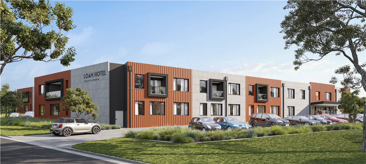 Artist's impression of a 2 story building with large windows and cars parked out the front