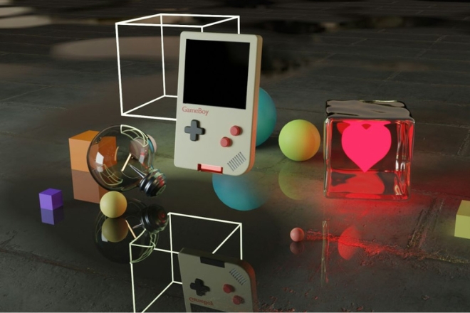 3D illustration featuring a classic GameBoy, a transparent cube with a glowing heart inside, and various colorful geometric shapes on a reflective surface.