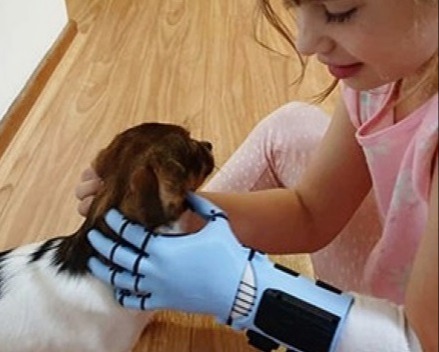 Photo of a young child with a prosthetic hand playing with a small dog