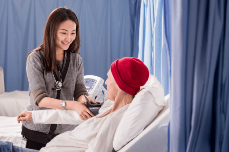 Doctor helping out a cancer patient in hospital setting