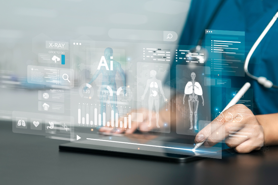 A person using a tablet to interact with a holographic medical interface displaying anatomical models and data.