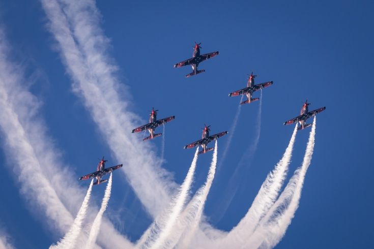 Aerobatic airplanes in formation, leaving synchronised smoke trails against a clear blue sky.
