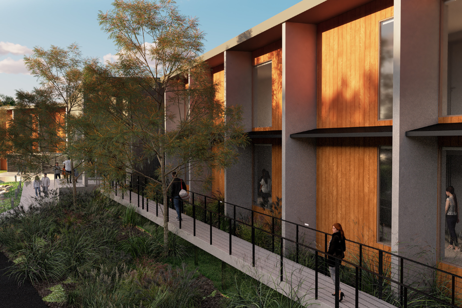 Architectural rendering of the modern RACV Inverloch Resort with wooden facades, featuring people walking along a landscaped pathway.