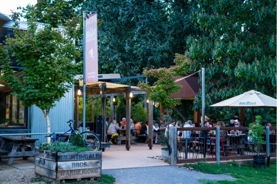 Outdoor seating area with people dining under shaded tables surrounded by lush greenery and bicycles parked nearby.