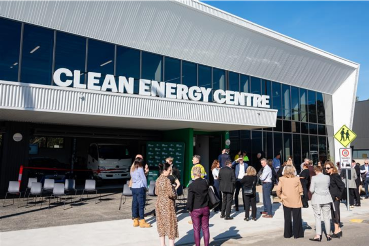 The new TAFE Clean Energy Centre photo with people congregating around the entrance. 