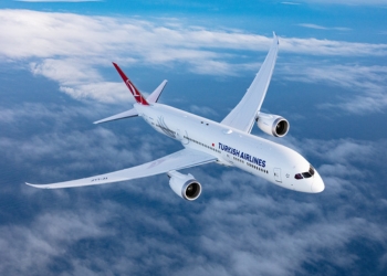 Turkish Airlines plan flying through blue sky