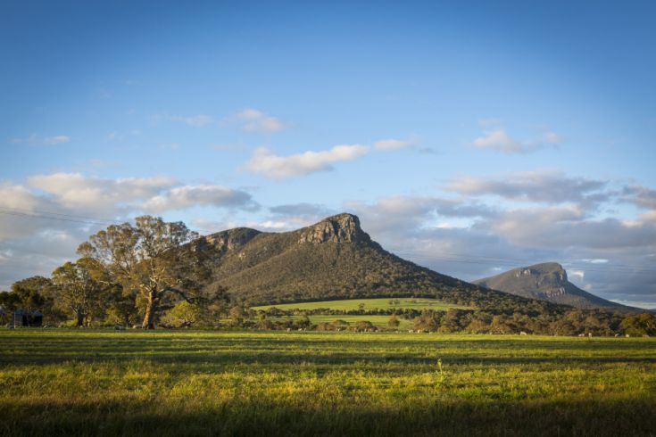 Panoramic view of the Grampians National Park with a large mountain in the background and a lush green field in the foreground under a clear blue sky.