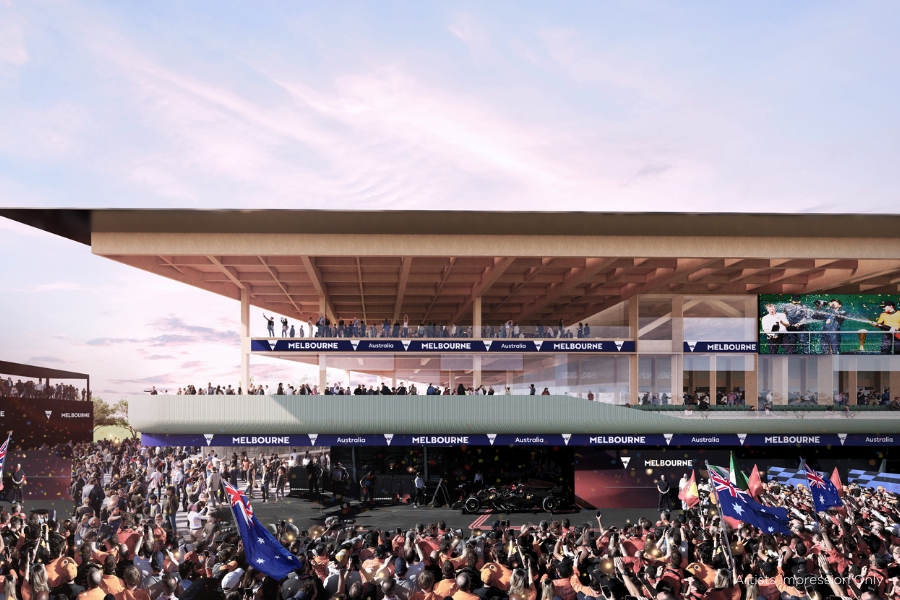 Artist's impression of a modern multi-level outdoor event space with a crowd gathering to enjoy a sunset, with a city skyline in the background.