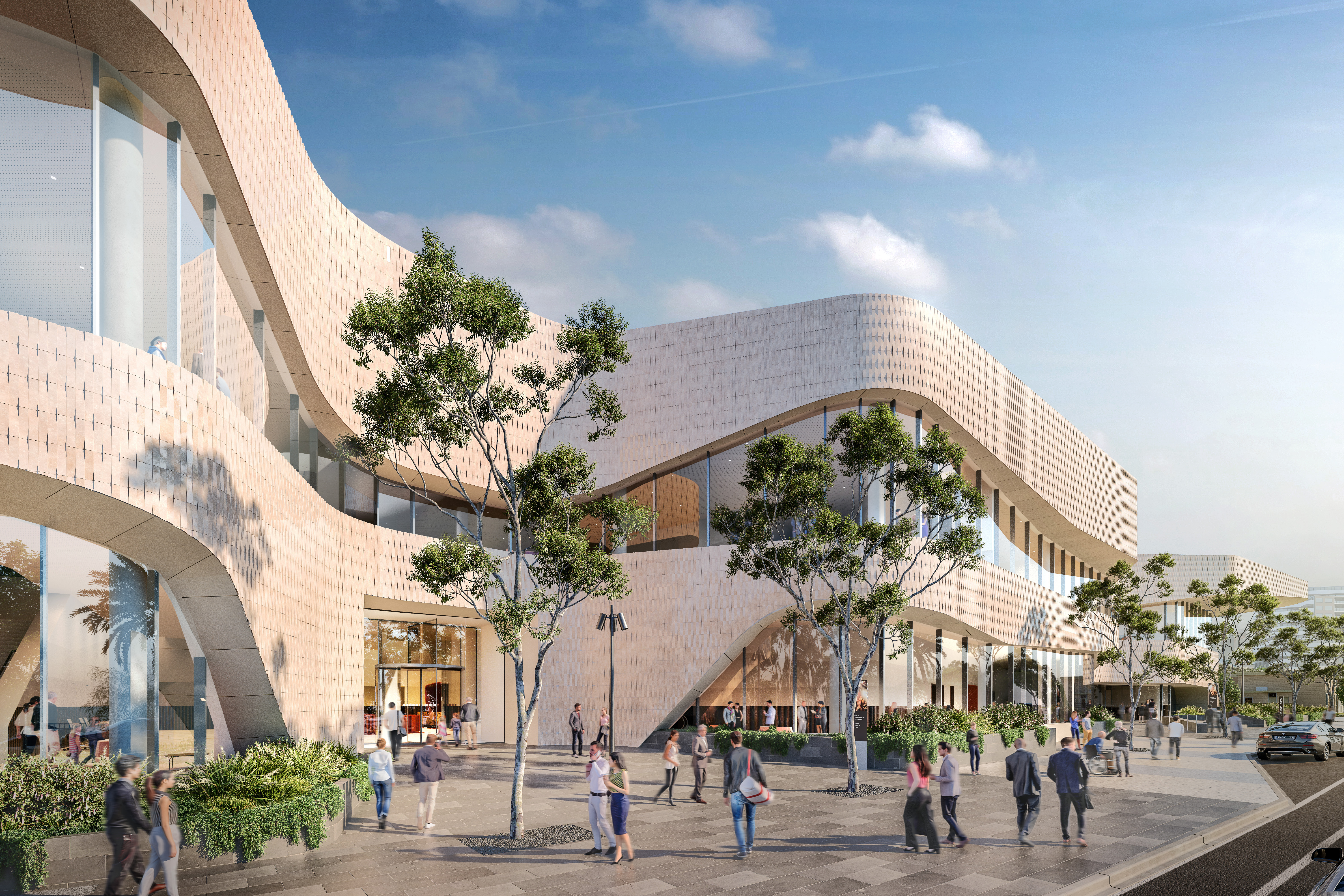 Architectural rendering of the modern, curvaceous Nyaal Banyule Geelong Convention and Event Centre with people walking around and lush trees surrounding the area.