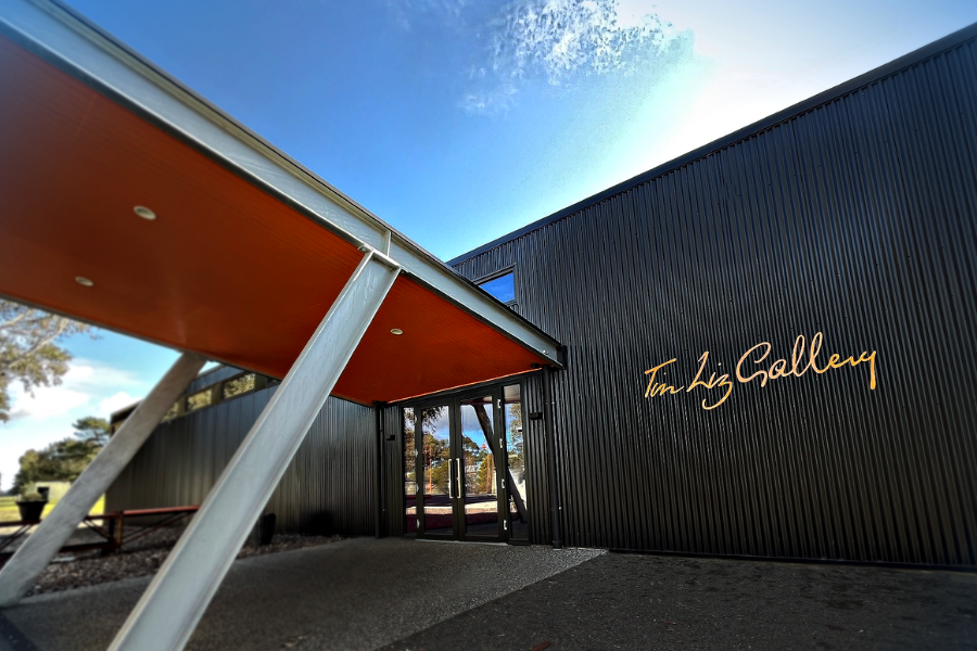 Exterior view of Tin Liz Gallery with a unique architectural style, featuring a sloping orange awning and textured dark walls.