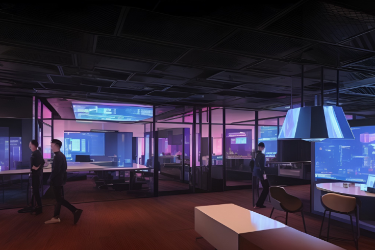 Rendering of the new Chisholm Institute digital skills, AI and technology Centre of Excellence showing a dark office space with large screens and seating areas.