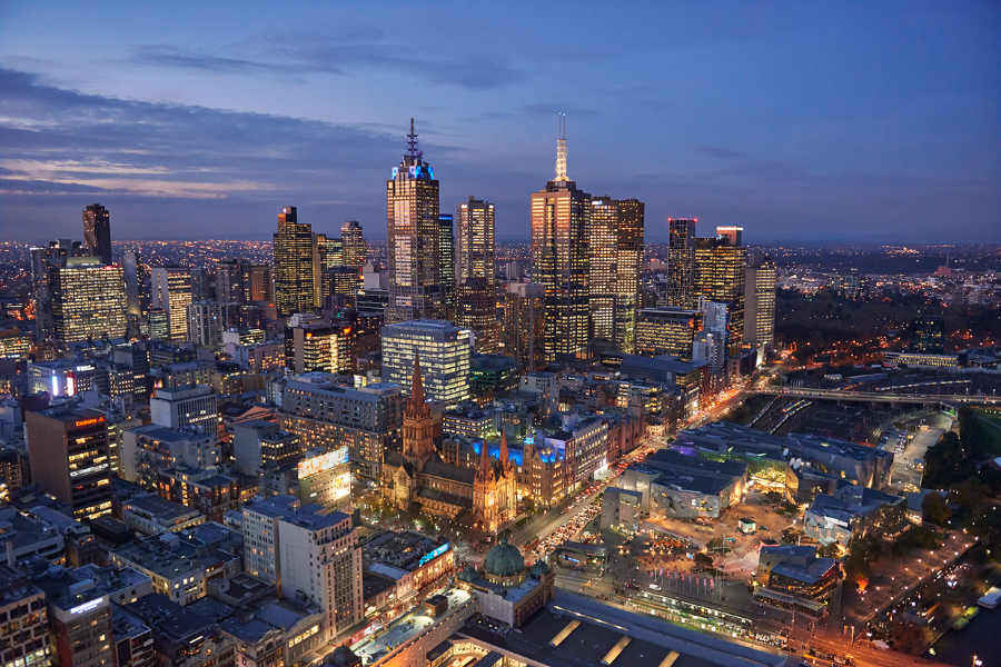 Skyline of Melbourne at dusk 