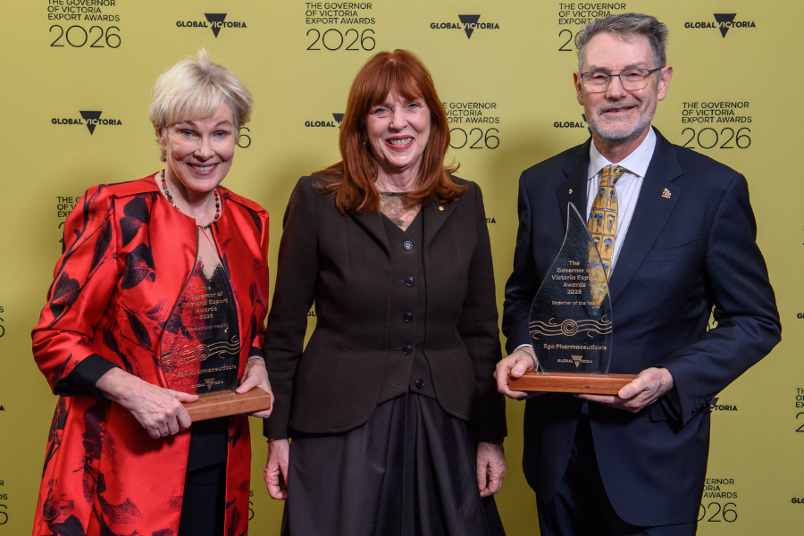 Individual holding 2 awards at the 2026 Governor of Victoria Export Awards.