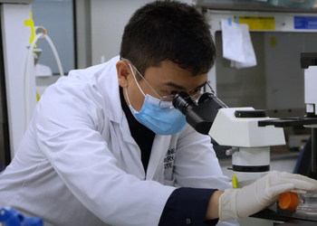 Dr Xiaodong Liu wearing a surgical mask, white coat and gloves looking into a microscope
