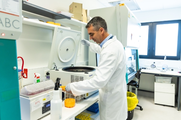 A scientist wearing a lab coat is working with equipment and samples in a laboratory setting.