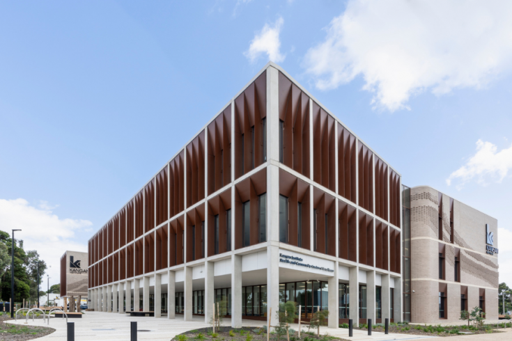 Corner view of new building at Kangan Institute, Building has name Health and Community Centre of Excellence