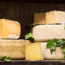Different types of cheeses stacked with vine leaves weaved throughout