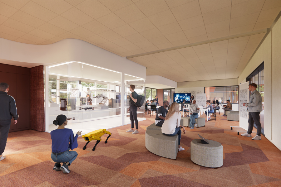 Rendering of a flexible classroom space with tech showcase. Interior of a flexible classroom space with multiple rendered people engaged in different activities, including working on laptops, discussing, and using virtual reality equipment, including a robot dog. The space features modern furniture and large windows, creating a bright and inviting atmosphere.