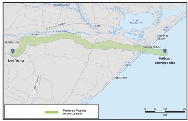 : A map of the preferred pipeline route corridor onshore from Loy Yang to Golden Beach and then offshore to the Pelican storage site.  Work areas have been marked near Loy Yang and Golden Beach.