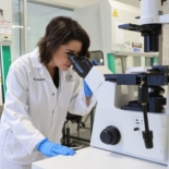 Person wearing white lab coat and blue gloves looking into a microscope in a lab environment
