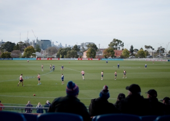 Silhouettes of people watching an AFL game at the Whitten Oval