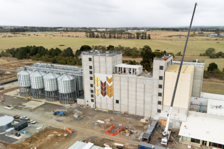 George Weston Foods’ Mauri flour mill in Ballarat with Australian farmer landscape. 