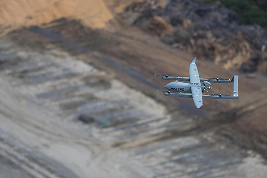 An Aerosonde Mk. 3 uncrewed aerial vehicle in flight.