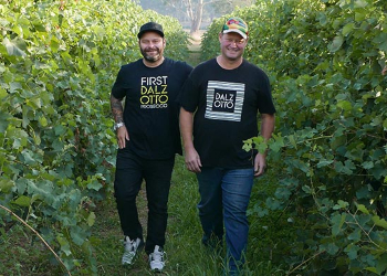 Two men walking through a winery