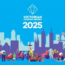 Victorian Training Awards 2025 promo image showing diverse individuals engaging in various vocational activities against a stylized cityscape backdrop. Text reads 