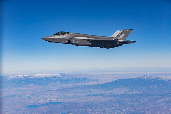 An F35-A fighter jet in flight.