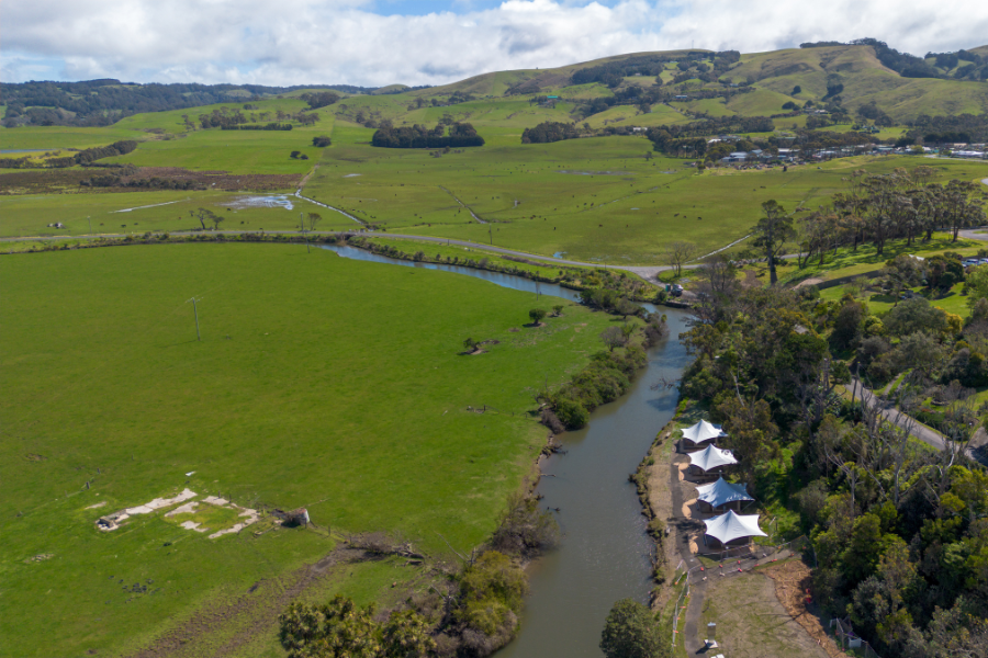 Birdseye view of the tents set up along the Barham River